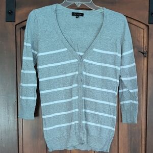 The Limited Gray & White Striped V-Neck Button Cardigan